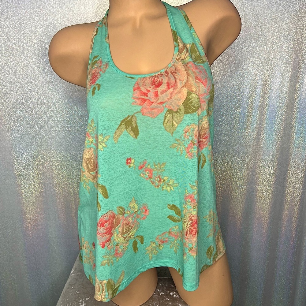 Rue 21 tank floral bows on back racer back turquoise blue pink cute stretchy
